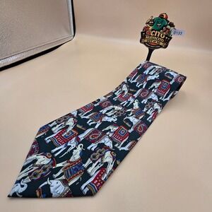 Rene Chagal Mens Silk Tie Green Ornate Ceremonial Elephant Paisley Handmade 58in